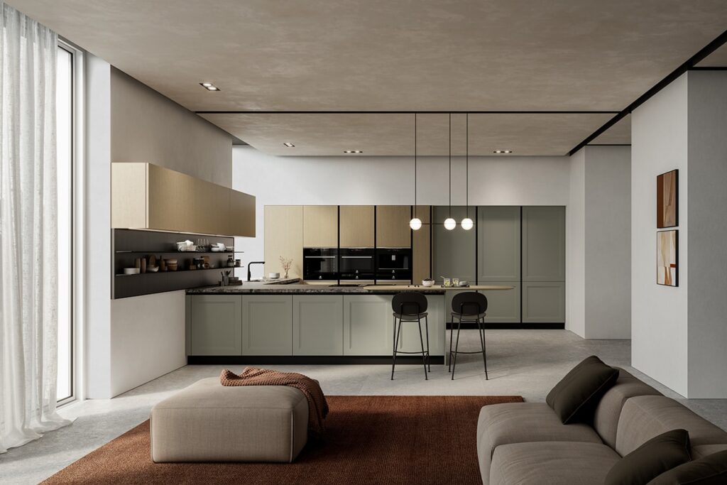 Cucina Arredo3 moderna ad angolo esposta nello showroom EffeGi Arredi.
