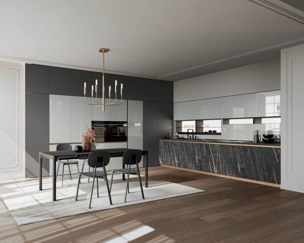 cucina arredo3 Glass con basi in hpl e pensili in vetro lucido installata a roma eur per un cliente esigente