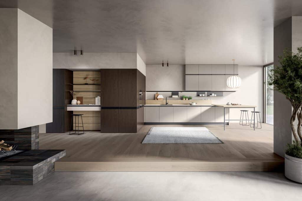 cucina Arredo3 modello Kalì, effetto e legno e materico che creano un progetto elegante e su misura a roma